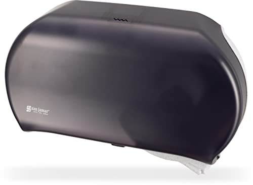 San Jamar Classic Bath Tissue Dispenser – Twin 9″, Jumbo Bath Tissue Holder for Bathroom, Dual-Roll System, Break-Resistant Plastic, 3.25″ Core, 12″ × 19″ × 5.25″, Pearl Black